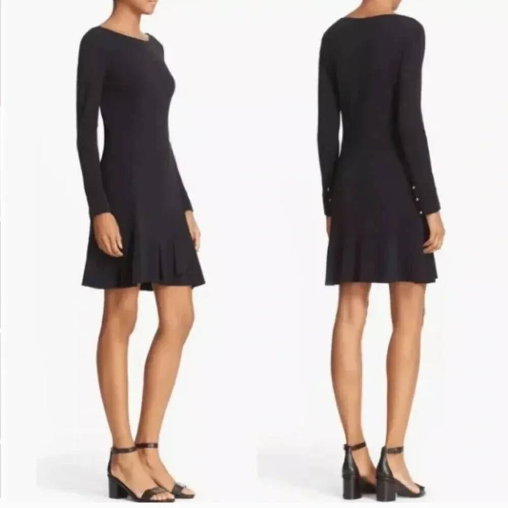 Tory Burch Foster Ruffle Hem Shift Dress Long Sleeve‎ Black Size Medium